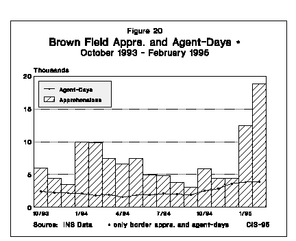 Graph: Brown Field Apprehensions and Agent-Days, October 1993 to February 1995