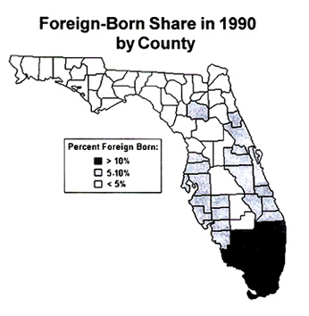 Map: Foreign-born Share in 1990 by County