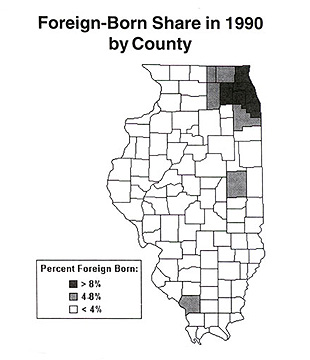 Graph: Foreign Born Share in 1990 by County