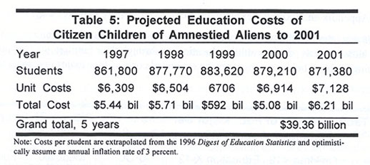 Table: Projected Education Costs of Citizen Children of Amnestied Aliens to 2001