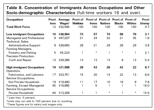 Table: Concentration of Immigrants Across Occupations and Other Socio-demographic Characteristics