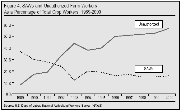 Graph: SAWs and Unauthorized Farm Workers as a Percentage of Total Crop Workers, 1989 to 2000