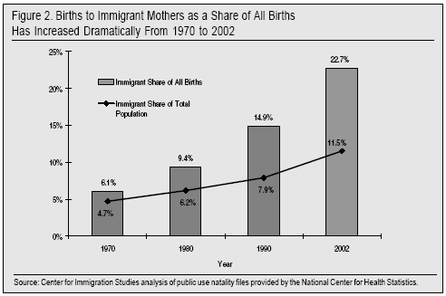 Table: Births to Immigrant Mothers as a Share of all Births has Increased Dramatically from 1970 to 2002