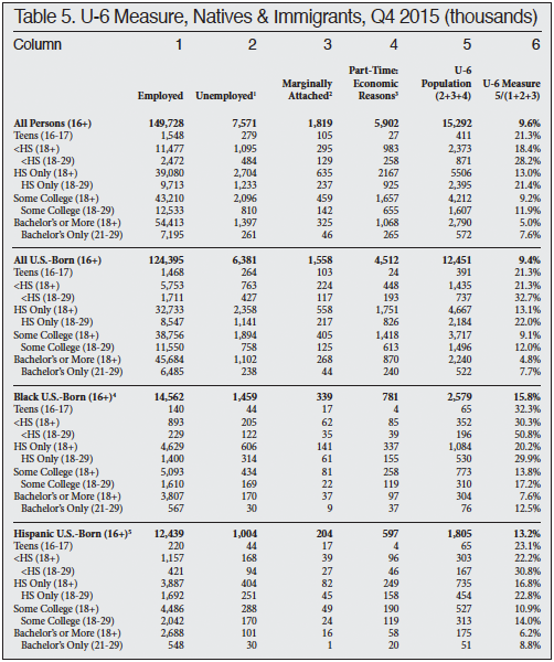 Table: U-6 Measure, Natives and Immigrants, Q4 2015