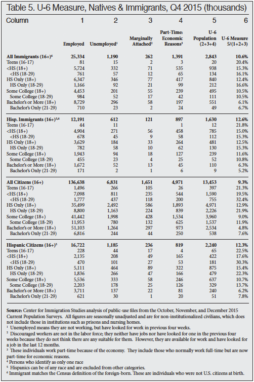 Table: U-6 Measure, Natives and Immigrants, Q4 2015